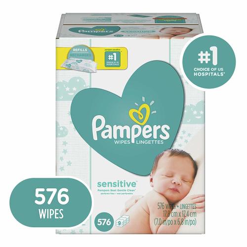 Baby Wipes, Pampers Sensitive Water Baby Diaper Wipes, Hypoallergenic and Unscented, 576 Count Total Wipes