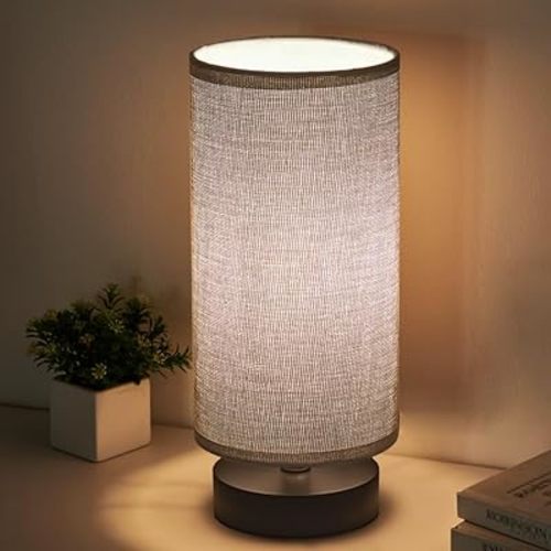 Table Lamp, Bedside Nightstand Lamp, Simple Desk Lamp, Cylinder Table Lamp for Bedroom Living Room Office Study, Grey Shade and Black Base