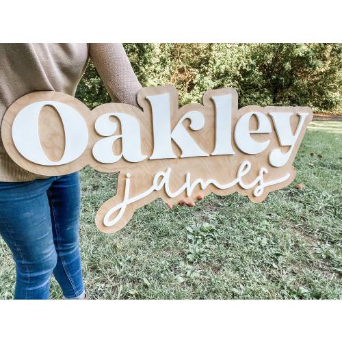 Large wood name sign, nursery name sign, boho nursery sign , above crib cut out, layered baby name sign, double baby name sign, cut out sign