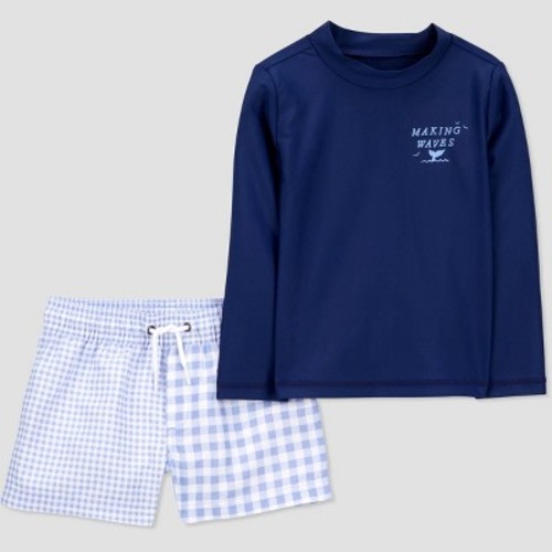 Carter's Just One You®️ Baby Boys' Long Sleeve Gingham Checkered Rash Guard Set - Blue/Navy Blue 12M