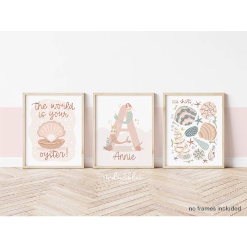 Set of 3 Sea Prints, Personalised Mermaid Print, Sea Shells Print, World Is Your Oyster Print, Ocean Nursery Prints, Under the Ocean Prints
