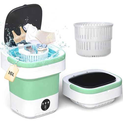 Portable Washing Machine - 16L Mini Foldable Washer with Spin Basket, 3 Cleaning Modes & Deep Cleaning for Small Clothes, Collapsible Laundry for Apartment, Home, Hotel and Travel (Green)