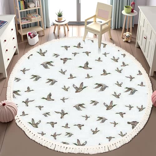 Round Rugs Mallard Duck Sketch Wild Bird Seamless Boho Area Rug Linen and Cotton Carpet Meditation Rug Washable Hallway Runner Mat Accent Rugs for Bedroom Nursery 6ft
