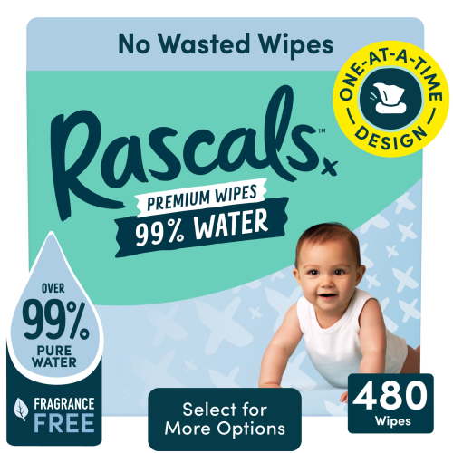Rascals 99% Water Premium Baby Wipes, 480 Count