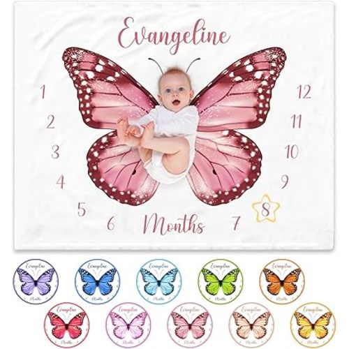 Hoomall Personalized Baby Blanket for Girl 30 * 40in Butterfly Growth Age Chart Personalized Baby Milestone Blanket with Name Flannel Blanket Gift for Boys Girls Baby Newborn New Mom
