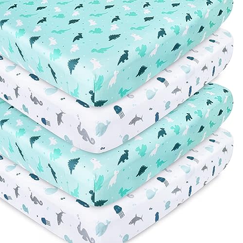 Crib Sheets for Boys or Girls 4-Pack, Fitted Crib Sheet 52'' x 28'' for Standard Crib & Toddler Mattress, Soft and Breathable Material, Baby Crib Sheets Neutral, Aqua