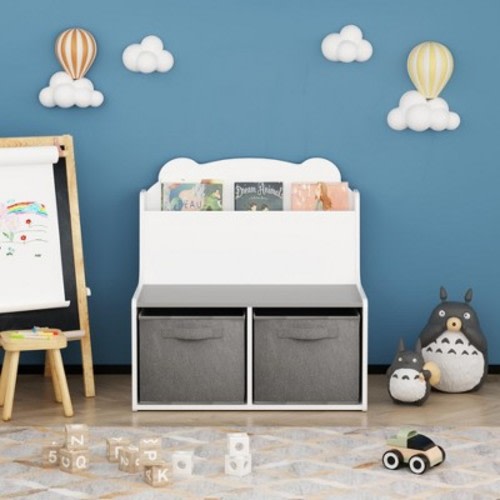 Kids Bookshelf with Storage Bins – Wooden Bookcase with Book Display Shelf and 2 Fabric Bins, Cute Bear-Shaped Backboard, Toy Organizer for Toddlers