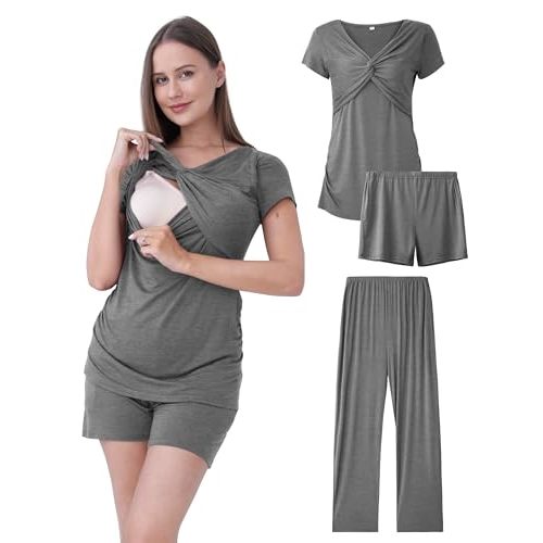 3-Piece Maternity Nursing Pajamas Set for Pregnancy & Postpartum | Cross-Over Nursing Top, Adjustable Shorts & Pants, Hospital Bag Essential & Easy Breastfeeding