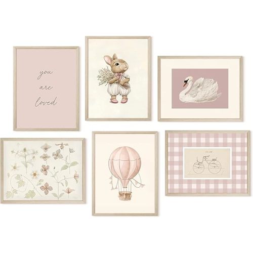 Pink Nursery Wall Art Baby Girl Canvas Wall Decor Vintage Poster Bunny Flower Wall Art Antique Preppy Pictures Animal Floral Prints Kids Swans Painting for Girls Room Bedroom 8x10x6 Inch Wood Framed