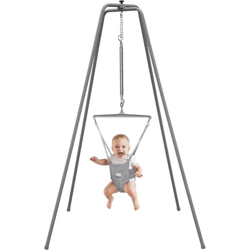 Jolly Jumper ELITE (Grey) Baby Exerciser - Sturdy Frame, 6 ft Tall Stand Baby Jumper, Indoor and Outdoor Exercise Saddle Seat, Adjustable Height, for Infants up to 28lbs