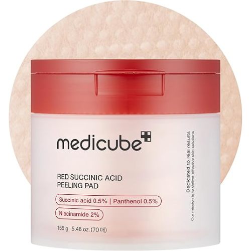 Medicube Red Succinic Acid Panthenol Facial Peeling Pads - Exfoliating Toner Pads for Breakout-Prone Skin with Niacinamide, AHA, BHA, and Soothing Panthenol - Non-Comedogenic