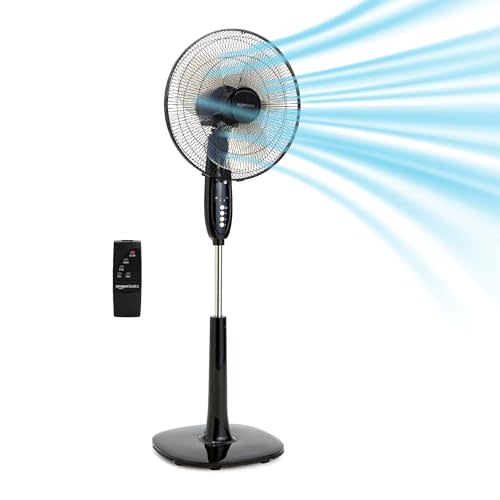 Amazon Basics 16" Pedestal Fan with Remote, Floor Fan, Standing Fan for Bedroom, Living Room, Office, with 3 Speeds, 3 Modes, Timer, Dual-Layered Blades, Adjustable Height, Tilt Head, 60W, Black