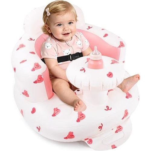 Inflatable Baby Seat with Tray for 3 Months Up Baby, Portable Upseat Baby Chair with Safety Strap for Sitting Up, Foldable Blow Up Infant Seat with Built-in Air Pump (Pink Bunny)
