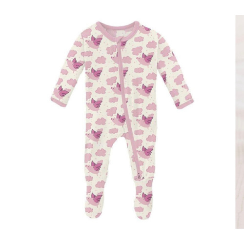Girl's Print Bamboo Footie with 2-Way Zipper - Natural Flying Pigs