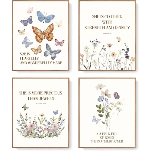 LARTSFRO Christian Wildflowers Nursery Wall Art Prints Set of 4, Bible Verse Scripture Butterfly Floral Artwork Posters Wall Decor for Baby Girls Nursery Room Bedroom Home, 8x10 Unframed