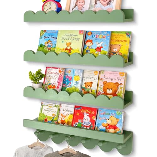 OurWarm Floating Book Shelves for Wall, 16 Inch Nursery Book Shelves Wall Shelves for Kids Room Set of 4, Wood Scalloped Bookshelf for Nursery Kids Bedroom Restroom Kitchen Living Room Decor