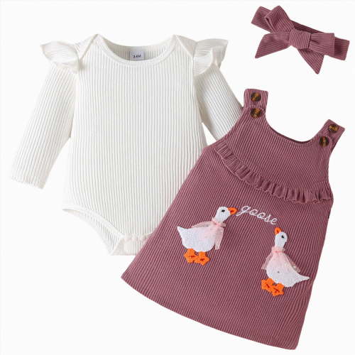CAICJ98 Baby Girl Clothes Suspender Skirt Newborn Long Sleeve Ruffled Romper + Cute Embroidery Dress + Headband Fall Winter Spring Outfits Purple,Size 0-3 Months