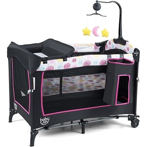 BABY JOY 4 in 1 Pink Pack and Play, Baby Bedside Sleeper with Bassinet, 3 Adjustable Heights, Music Box, Easy to Install, Foldable Bedside Crib w/Changing Table, Playards from Newborn to Toddlers Rose