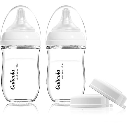 Gulicola Natural Glass Baby Bottle for Breastfeeding Babies, Newborn Anti-Colic Bottle Set with Slow Flow Nipple, 0-3 Months, 5 oz, 2 Pack - White