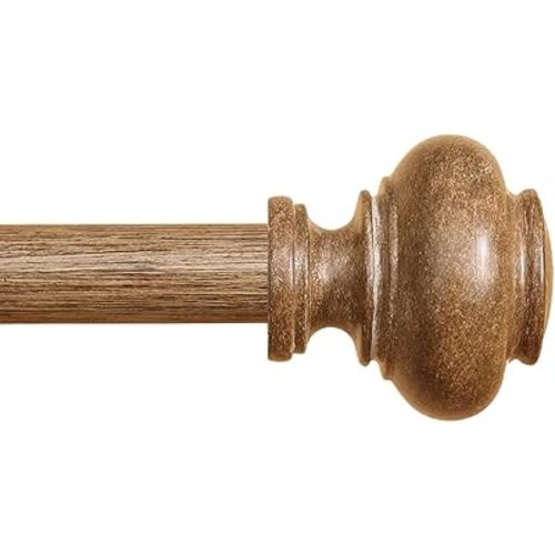 Wood Curtain Rods for Windows 48 to 84 Inch, 1 Inch Heavy Duty Curtain Rods with Imitation Wood Grain Finials, Boho Adjustable Drapery Rod, Decorative Farmhouse Rustic Single Window Curtains Rod