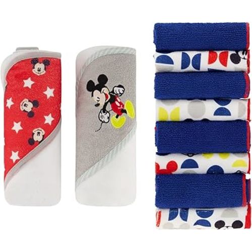 Disney Hooded Baby Towel and Baby Washcloths | Nursery Character Baby Towels and Washcloths | 2 Baby Bath Towels and 8 Washcloths for Baby Girls or Boys