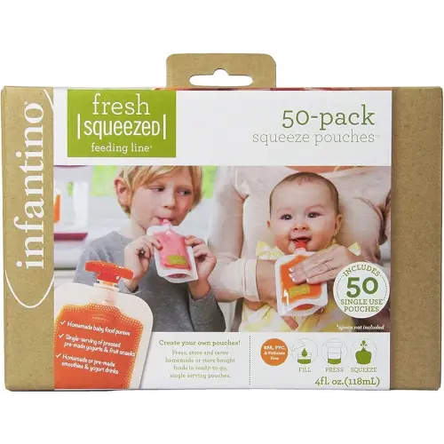 Infantino Disposable Squeeze Pouches - Pack of 50 Disposable Pouches for Portable Homemade semi-Solid Food for Babies and Toddlers, BPA and PVC Free, Freezer Safe