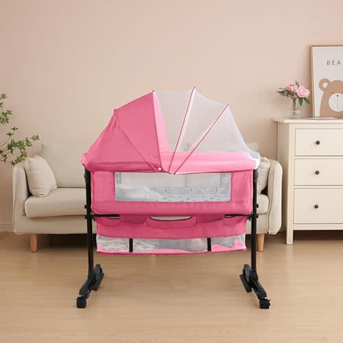 YADAQE Baby Bassinet, Baby Basinet Bedside Sleeper, Easy to Fold Portable Crib Side Bassinet 2025new Style Girl/boy bassinets (Pink)