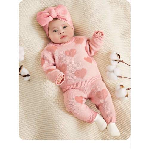 SHEIN Newborn Baby Girl Cute Versatile Knitted Pink Heart Pattern Long Sleeve Sweater And Pants Set, Autumn/Winter Fall | SHEIN