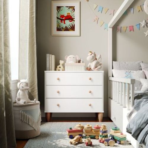 Buzz & Bloom Small Kids 3-Drawer Wood Dresser Chest for Bedrooms, White/Natural
