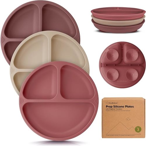 KeaBabies Suction Plates for Baby, Toddler - 3-Pack 100% Silicone Toddler Plates with Suction, Divided, BPA-Free Baby Led Weaning Essentials for Kids, Dishwasher, Microwave Safe, Durable (Burgundy)