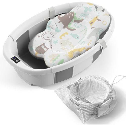 Collapsible Baby Bathtub - Large Baby Bath Tub with Thermometer & Cushion | Travel Portable Newborn Infant Bathtub | Foldable Toddler Bathtub for Baby 0 to 36 Months (Grey)