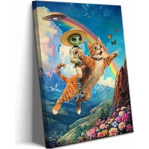 UFO Victorian Landscape Canvas Wall Art Whimsical Funny Alien Riding A Cat Wall Decor Pictures Eclectic Cat Poster Print for Dorm Bedroom Home Decoration 12x16in
