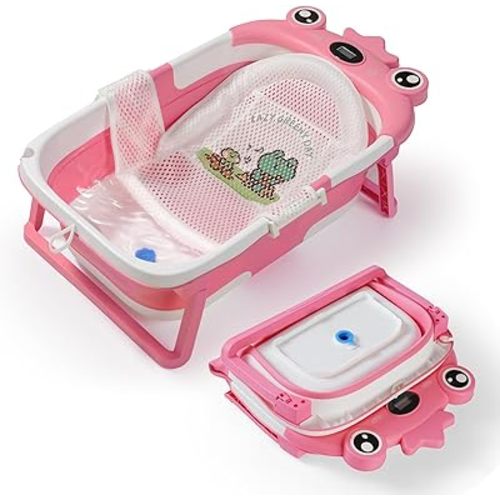 Baby Bathtub,Collapsible Baby Bath Tub with Soft Cushion & Thermometer, Space Saving Foldable & Travel Newborn Bathtub for Infant to Toddler 0-36 Months, Frog Pink