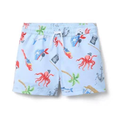 Boy Pale Blue Pirate Ship Recycled Pirate Adventure Swim Trunk by Janie and Jack