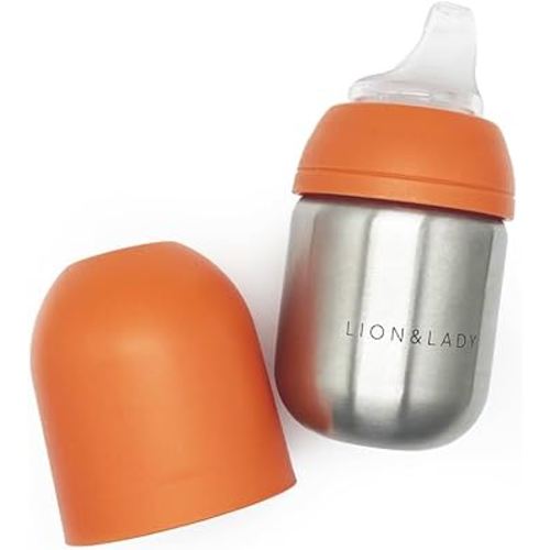 Lion & Lady Stainless Steel Toddler Spout Bottle Sippy Cup, 210ml 18/8 Brushed Steel Toddler Spout Bottle - BPA-Free, BPS-Free, Recyclable, Adaptable Baby Sippy Cups 6-12 Months - Burnt Orange