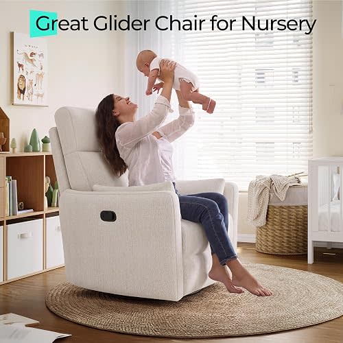 LINSY 360 Swivel Recliner Chair, Nursery Glider Rocking Chair with 2 Pillows, Chenille Nursing Chair Comfy High Back Adult Rocker Recliner for Small Spaces, Nursery Bedroom Living Room (Light Beige)