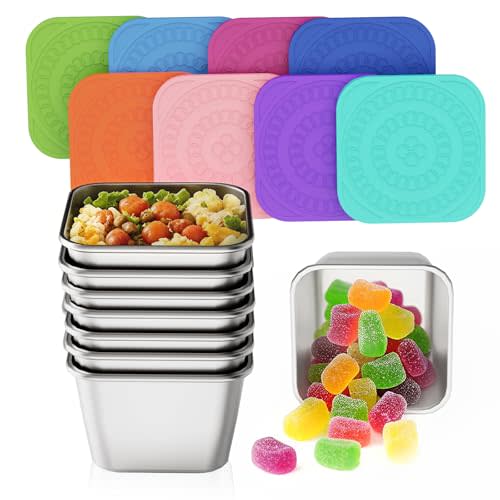 Kitlead Set of 8 Stainless Steel Snack Containers for Kids and Toddler;Snackle Box Container;Leak Proof Stackable Small Metal Food Containers with Silicone Lids