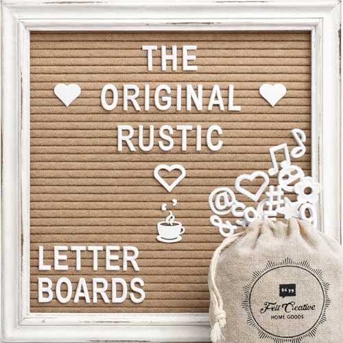 Cappuccino Felt Letter Board Back to School Sign with Rustic Wood White Frame - Farmhouse Letter Board Sign with Stand - Baby Announcement 10x10 Felt Board Changeable Message Board with 350 Letter Set