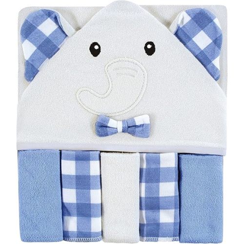 Hudson Baby Unisex Baby Hooded Towel and Five Washcloths, Gingham Elephant, One Size