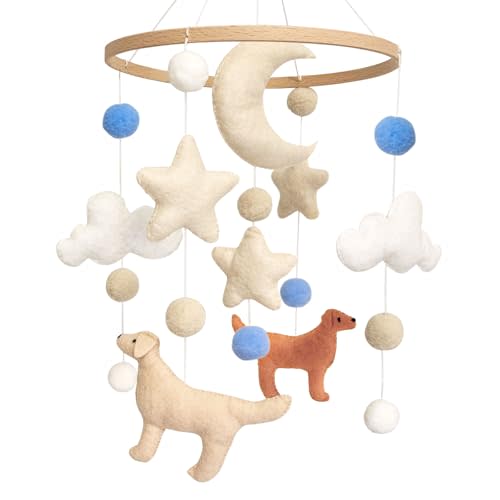 Dog Baby Mobile, Mobile for Crib, Crib Mobile for Boys and Girls, Nursery Mobile for Bassinet, Pack and Play, Dog, Moon, Cloud, Star, Blue Felt Ball