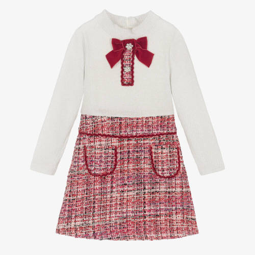 Patachou - Girls Ivory Jersey & Red Tweed Dress | Childrensalon (Size 2)