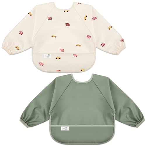 Long Sleeve Baby Bib, Waterproof Fabric, Catch-All Pocket, Baby Smock Bib, Adjustable Sleeves