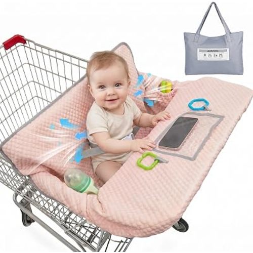 Shopping Cart Cover for Baby, Air Cool & Breathable Fabric All Seasons Grocery Cart Cover, Universal Fit for Most Shopping Carts & Restaurant High Chair with Multi Storage, Pink