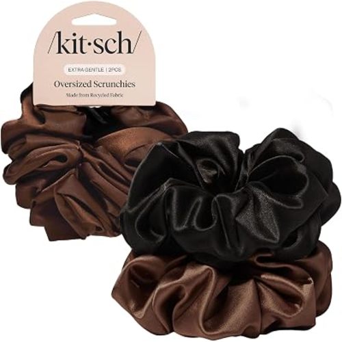 Kitsch Recycled Satin Oversized Scrunchies - Black & Chocolate, 2pcs
