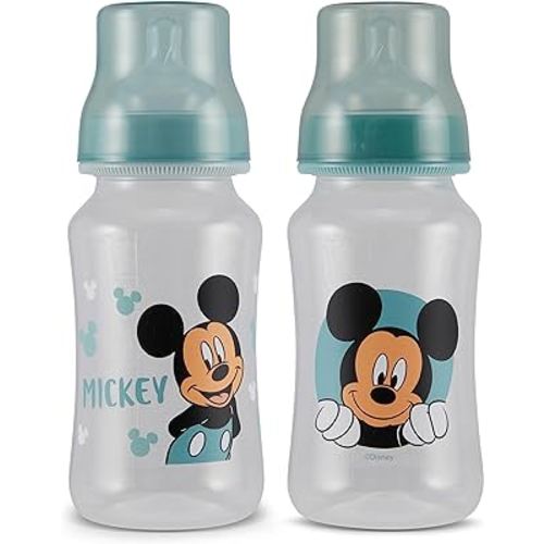 Disney Mickey Mouse Baby Bottles 11 oz for Boys or Girls | 2 Pack of Infant Hourglass Shaped Bottles with Cover for Newborns and All Babies | BPA-Free Plastic Baby Bottle for Baby Shower