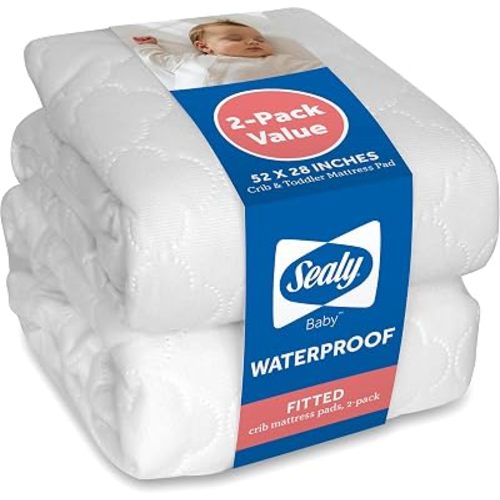 Sealy Baby Crib Mattress Protector - 2-PACK, Fitted Waterproof Infant Crib Mattress Pad and Toddler Bed Cover, Machine Washable and Easy to Clean, 52x28