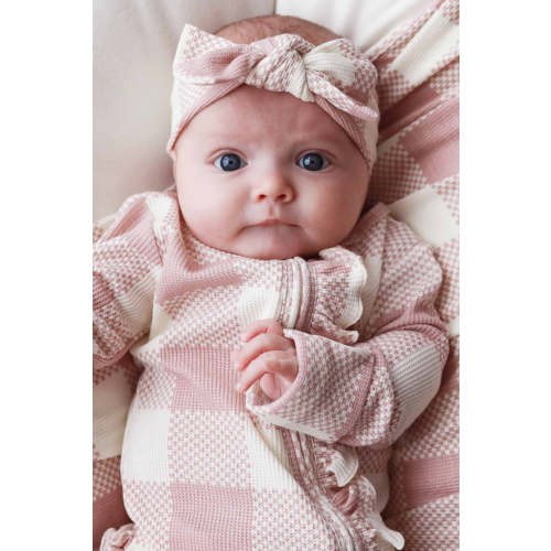 Big Check Bamboo Waffle Zipper Ruffle Footie | Rosy