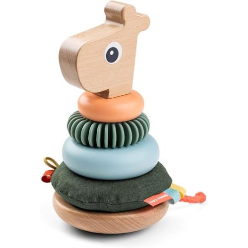 Done by Deer Raffi Stacking Tower - Colorful Wooden Ring Stacker Toy with Different Shapes and Textures for Sensory Stimulation and Motor Skill Development - Tilt Function and Pull Tail for Added Fun
