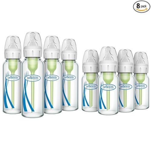 Dr. Brown's Anti-Colic Options + Narrow Glass Baby Bottle with Level 1 Slow Flow Nipple, BPA-Free, 0m+, 4 oz/120mL, 4-Pack + 8oz/250mL, 4-Pack