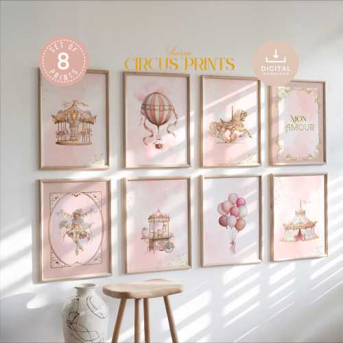 Vintage Circus Wall Art Set, Pink Girls Room Carnival Decor, Carousel, Big Top, Hot Air Balloon, Performer, Candy Stand (Digital Download)